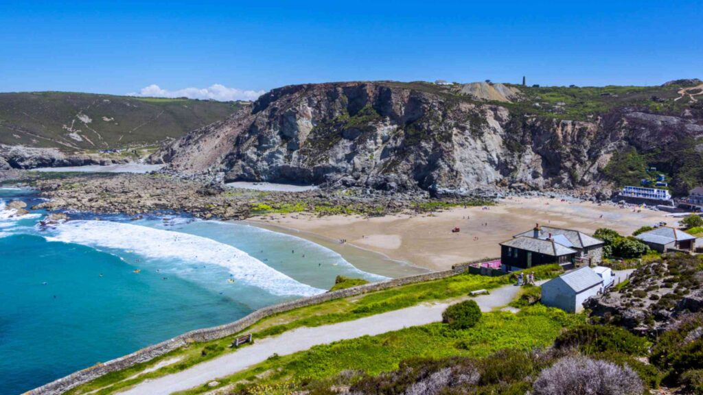Overlooking the beach at Trevaunance Cove St Agnes Cornwall England UK