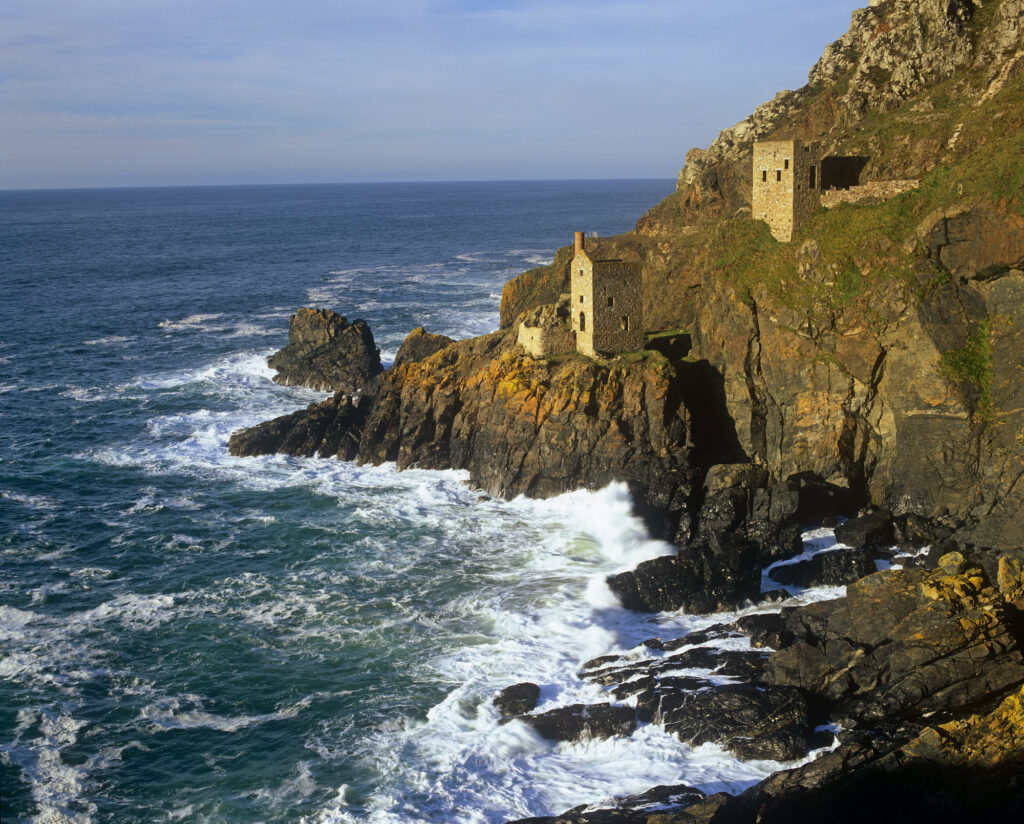The abandoned beam engine houses of the Crowns section of Botallack Mine near St Just, Cornwall.