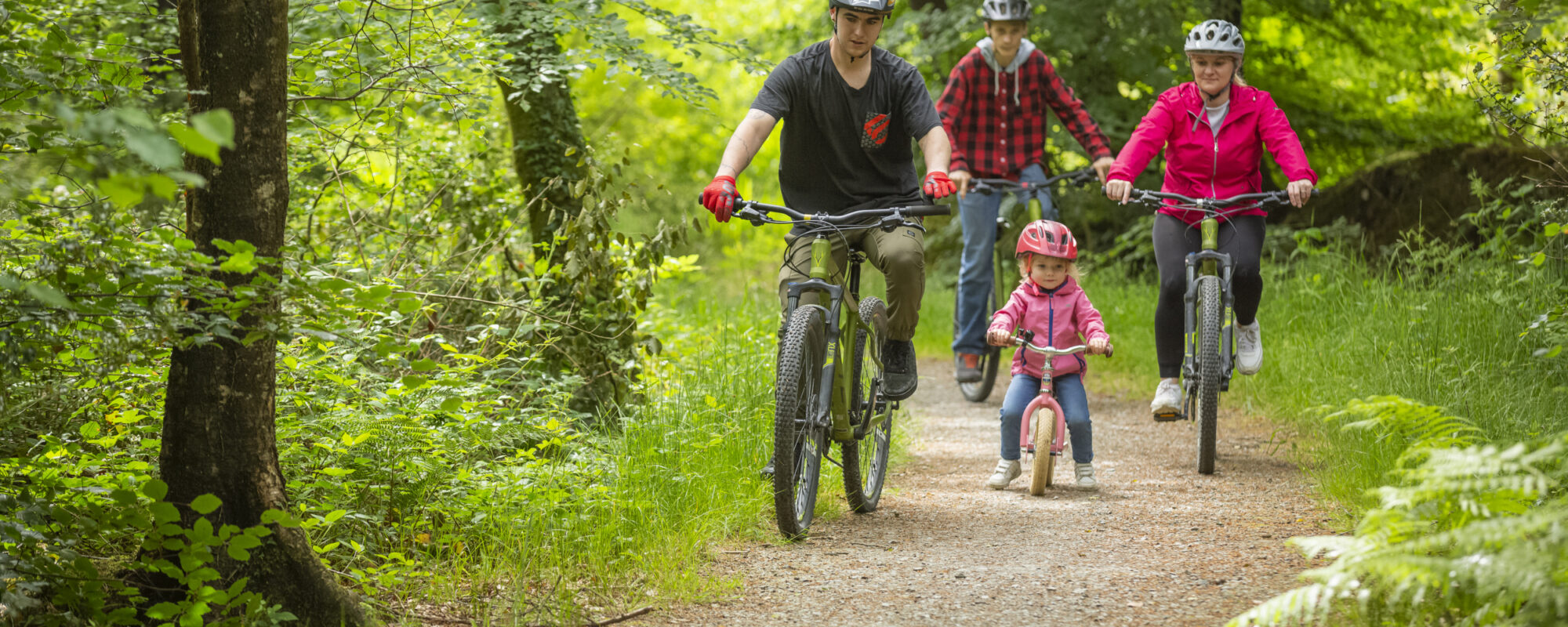 Family exploring the cycle trails at Lanhydrock, Cornwall