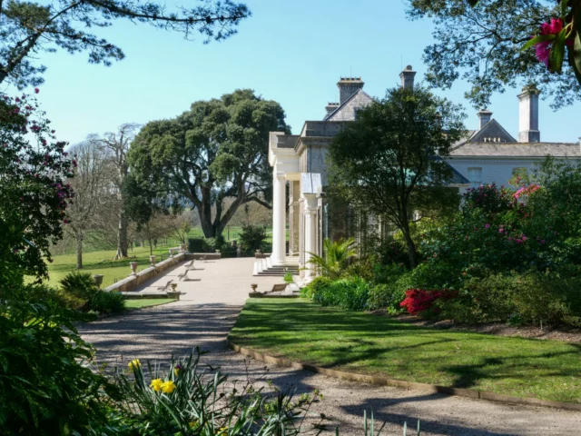 East view of the house in Spring at Trelissick, Cornwall