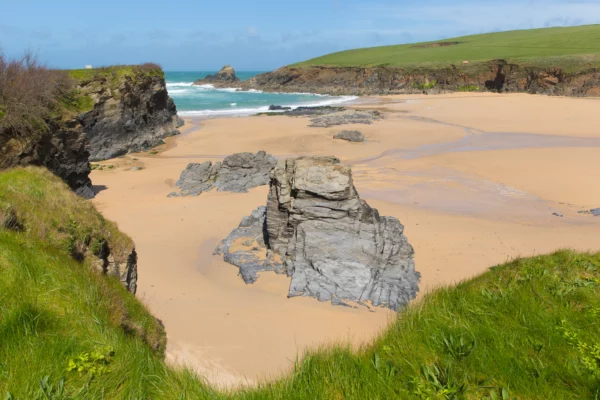 Trevone Bay beach North Cornwall England UK near Padstow and Newquay and on the South West Coast Path in spring with blue sky and sea ©Charlesy Shutterstock